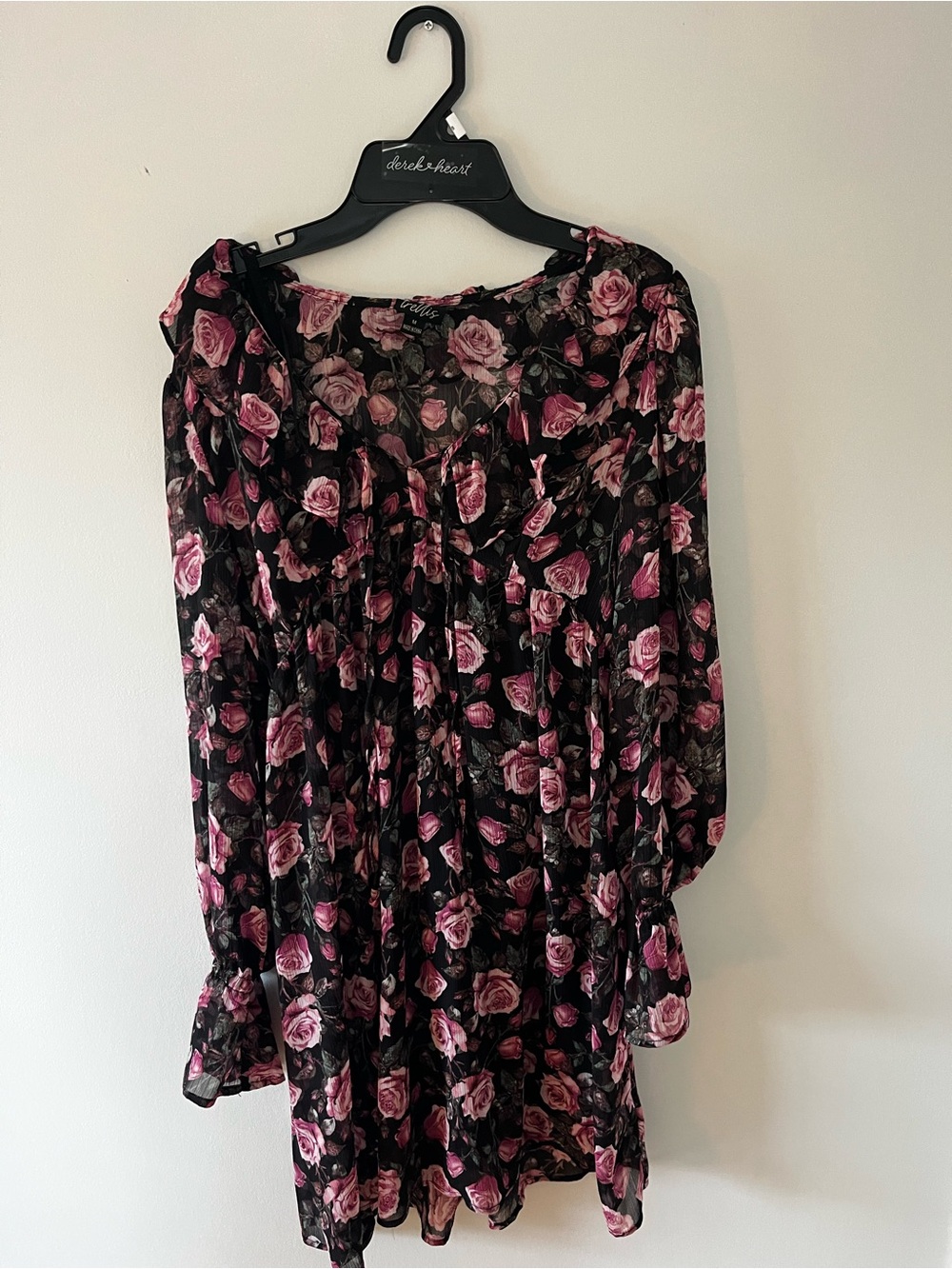 Women's Black Long-Sleeve Floral Dress with Pink Roses